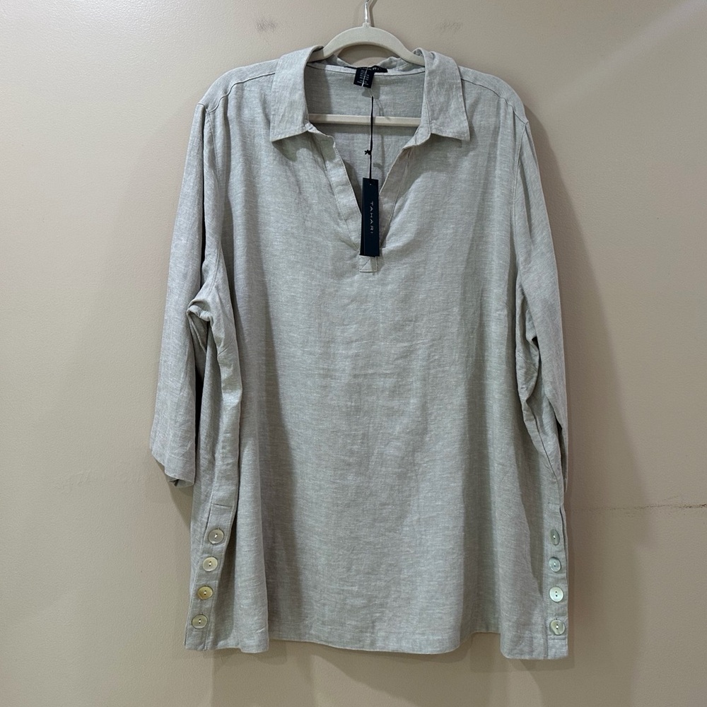 TAHARI Linen Tunic Shirt V-Neck Side Button Lagenlook Beachy Coastal Womens 2X